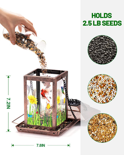 DesGully Solar Bird Feeders for Outdoors - 2.5 LBs Metal Wild Large & Small Bird Feeder for Outside Hanging, Gift Ideas for Avian Enthusiast Garden Yard Seeds (Chew-Proof, Weather Resistance)