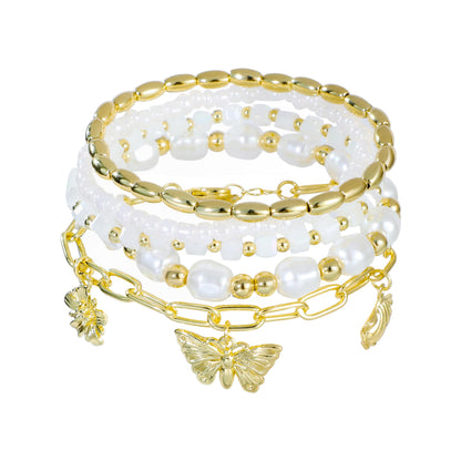 RISHEGAE Heishi Beaded Stretch Bracelets for Women Stackable Gold Polymer Clay Beads Bracelets Friendship Boho Summer Beach Bracelet Jewelry Set (E-Link 3 charm)