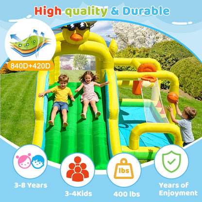 Baralir Duck-Themed Inflatable Bounce House with Extra Wide Slide & Climbing Wall, Basketball Hoop, Ring Toss, Punching Bag, 2-in-1 Splash Pool/Ball Pit - Indoor/Outdoor Jumping Castle for Toddlers