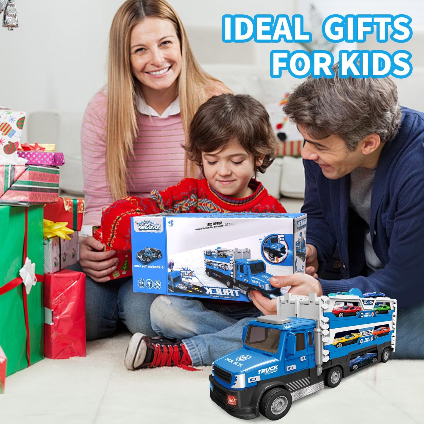 DOWELLIN 6 in 1 Transport Truck Toys for Kids, Police Trucks Carrier Cars with 6Pcs Metal Race Car with Light&Sounds, Toddler Vehicles Toys Gifts for Boys Girls Age 3 4 5 6 7 8-Blue