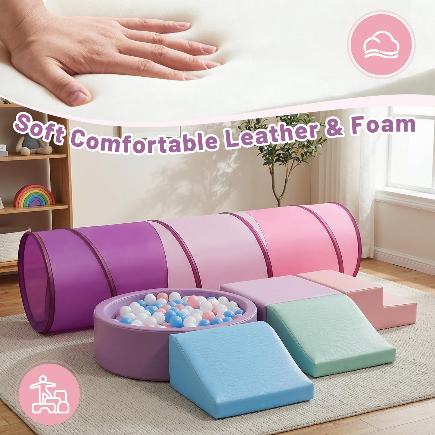 Hoohtoot Foam Climbing Toy for Toddler：with 4-Piece PU Leather Climbing Blocks, a Baby Ball Pit and Play Tunnel - Climb and Crawl Soft Play Set - Kids Crawling Obstacle Course Indoor Jungle Gym