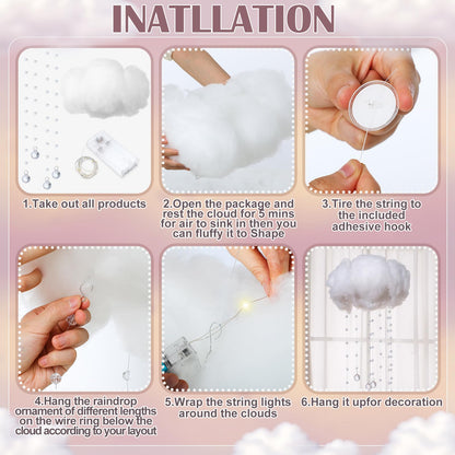 Marsui Artificial Cloud Props LED Hanging Cloud Light String Fake Imitation 3D Cotton Classroom School Decor Raindrop for Room Ceiling Baby Shower Party Wedding Nursery Classroom Wall DIY Decor(4 Pcs)
