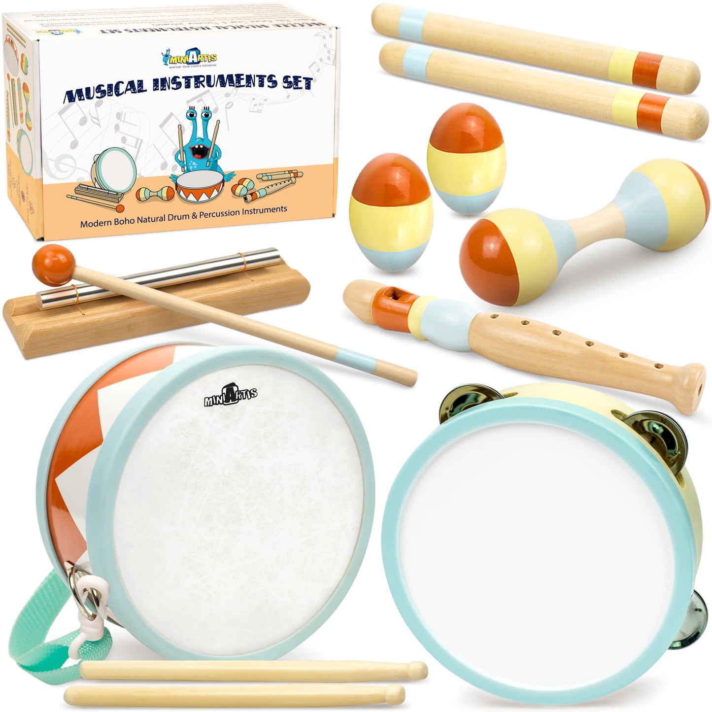 MINIARTIS Toddler Musical Instruments - Montessori Wooden Musical Toys for Toddlers 1-3 | Modern Boho Baby Drum Set with Neutral Colors Percussion Instruments | Kids Preschool Educational