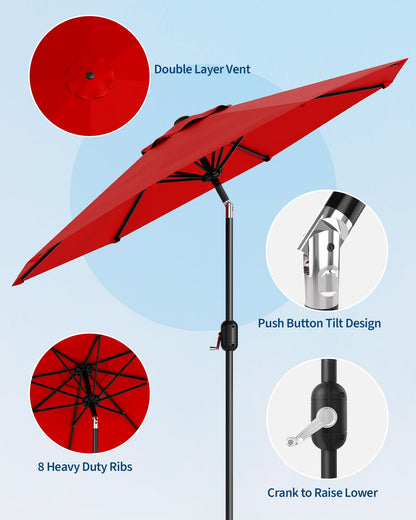 GarveeLife 9 ft Outdoor Patio Umbrella, Table Market Umbrella With Push Button Tilt and Crank, 8 Sturdy Ribs UV Protection Waterproof for Garden, Deck, Backyard, Pool (Red)