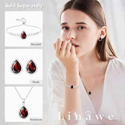 Linawe Red Crystal Imitation Diamond Charm Silver Bracelets for Women, Garnet Rhinestone Birthstone Moissanite Cubic Zirconia Chain Bracelet Set, Prom Costume Wedding Jewelry