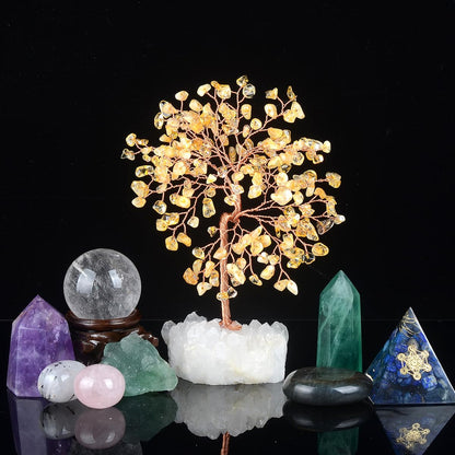 MASGEMES Natural Citrine Gemstone Crystal Tree of Life,Clear Quartz Cluster Base,Bonsai Money Tree Feng Shui Home Decor,Healing Crystals Positive Energy Gift for Luck and Wealth 5.5"-6.3"