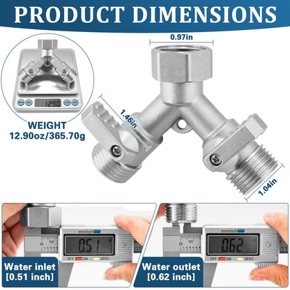 Garden Hose Splitter 2 Way Heavy Duty, 304 Stainless Steel 2Way Hose Splitter, 3/4 Inch Water Hose Splitter 2 Way, Full Flow Garden Hose Y Splitter(All Components are Stainless Steel)