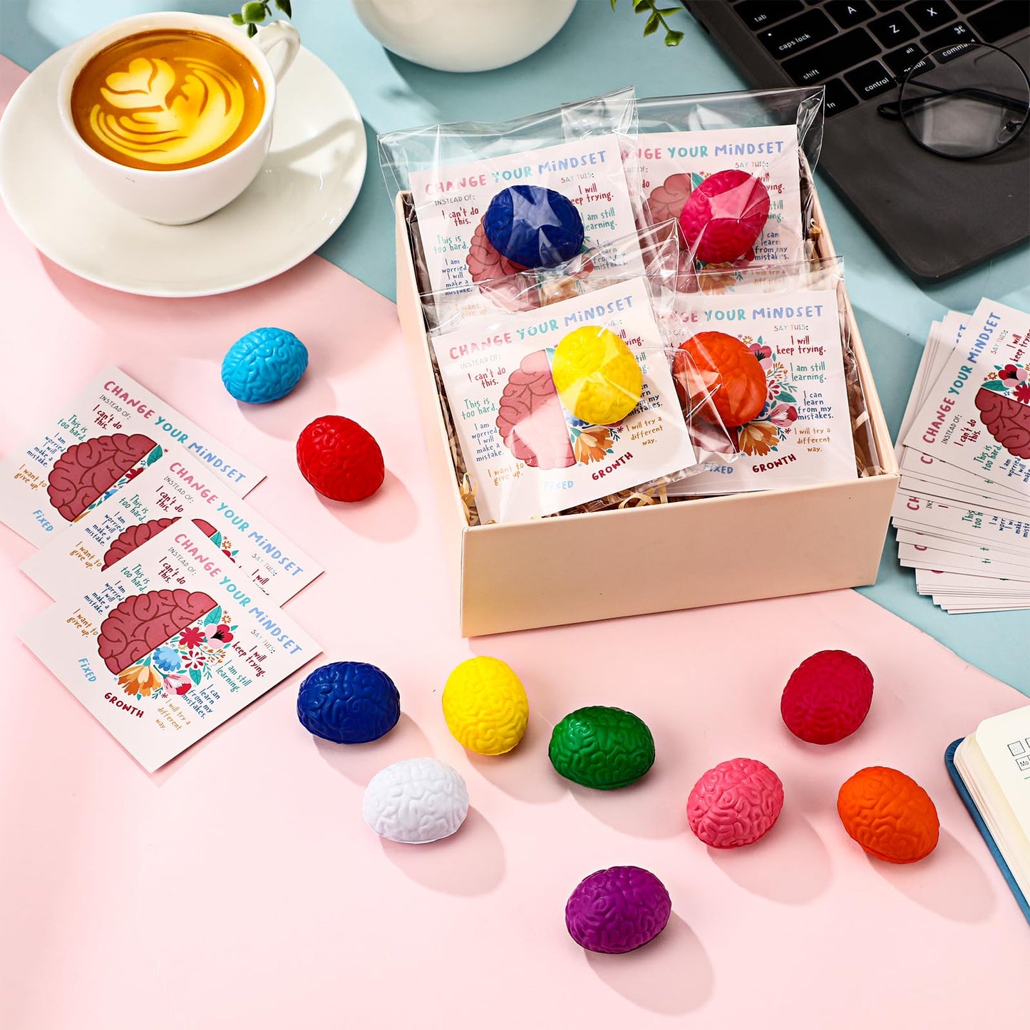 Hollowfly 50 Set Growth Mindset Gift Mini Brain Stress Balls Bulk Funny Relief Squeeze Balls Inspirational Stress Reliever Employee Appreciation Gifts for Adult Coworkers Staff Volunteer