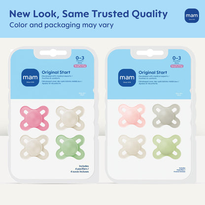 MAM Original Start Baby Pacifiers 0-3 Months, BPA-Free Skin Soft Silicone Nipple, Glows in The Dark, Developed with Medical Experts Specially for Smaller Newborn Mouths, 4 Pk, Made in Europe