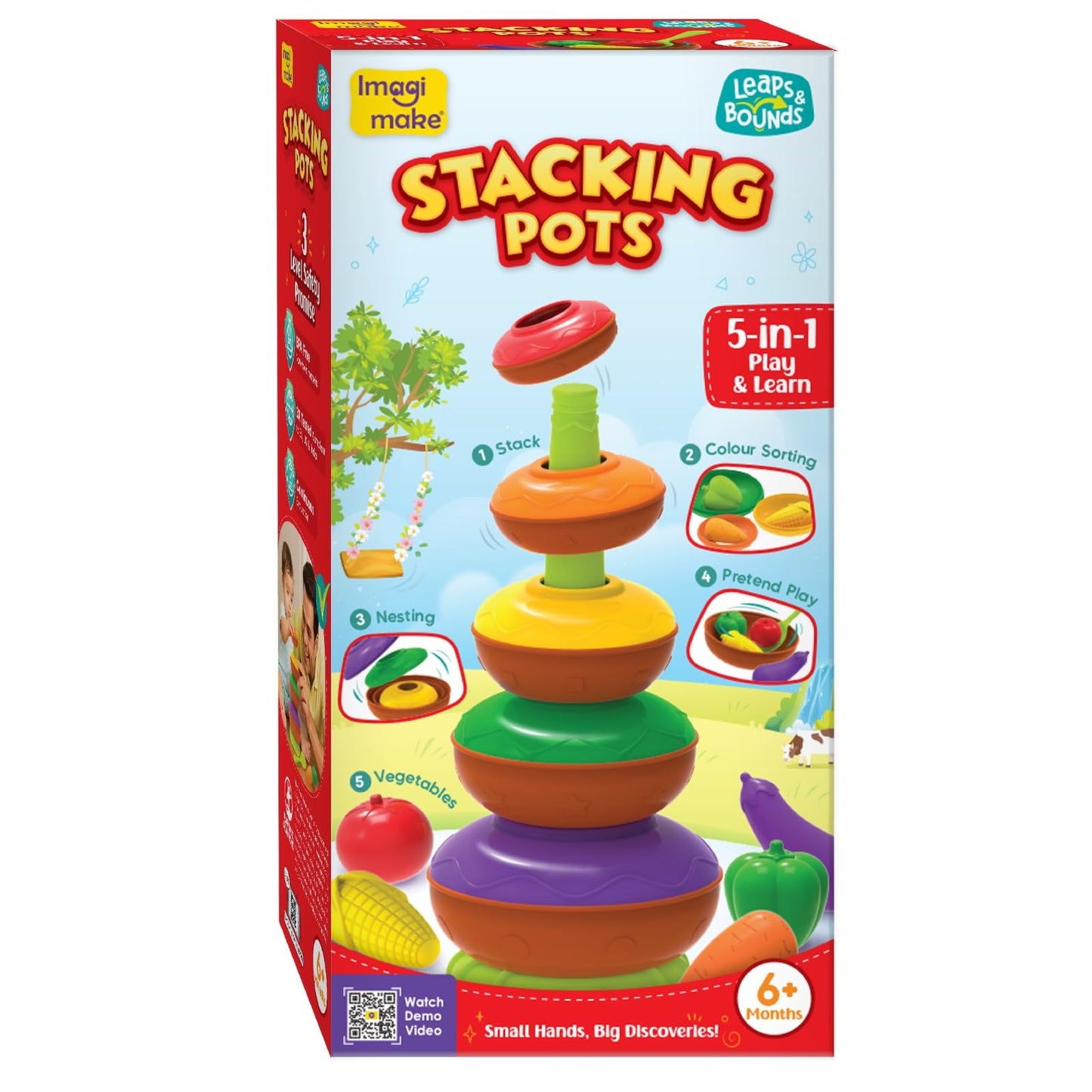 Imagimake Stacking Pots Toys | Leaps & Bounds 6+ Month Old Baby Toy | Learning Toy for Infant & Toddler | 5-in-1 Play & Learn | Stacking, Nesting, Pretend Play | First Birthday Gifts for Girls & Boys