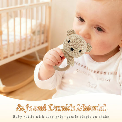 10" Crochet Bear Stuffed Animal with Rattle, Pure Cotton Soft Crochet Doll Plush Toy for Newborn, Handmade Baby Shower Gift & First Birthday Gift