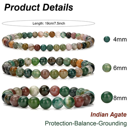 Bolinailo 3Pcs Natural Healing Crystal Bracelets for Women Men, 4mm 6mm 8mm Beaded Stretch Bracelet Set, Indian Agate Natural Stone Gemstone Jewelry Gifts for Meditation, Reiki & Yoga