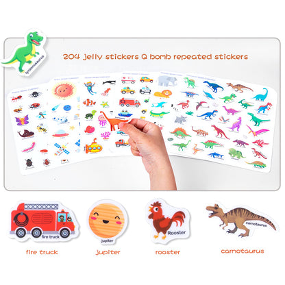 MIKNEKE 6 Pack Jelly Reusable Sticker Books for Toddlers 1-3 2-4 Years, Portable Travel Toys Sticker Activity Book for Kids 2 3 4 Year Old Girls Boys, Animal Insect Dinosaur Ocean Space Car
