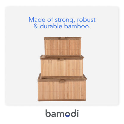 Bamboo Decorative Storage Boxes With Lids - Nesting Rectangular Lidded Box for Organization - Stackable Basket with Cloth Liner - Organizer for Toys, Home, Office - Woven Basket - Set of 3