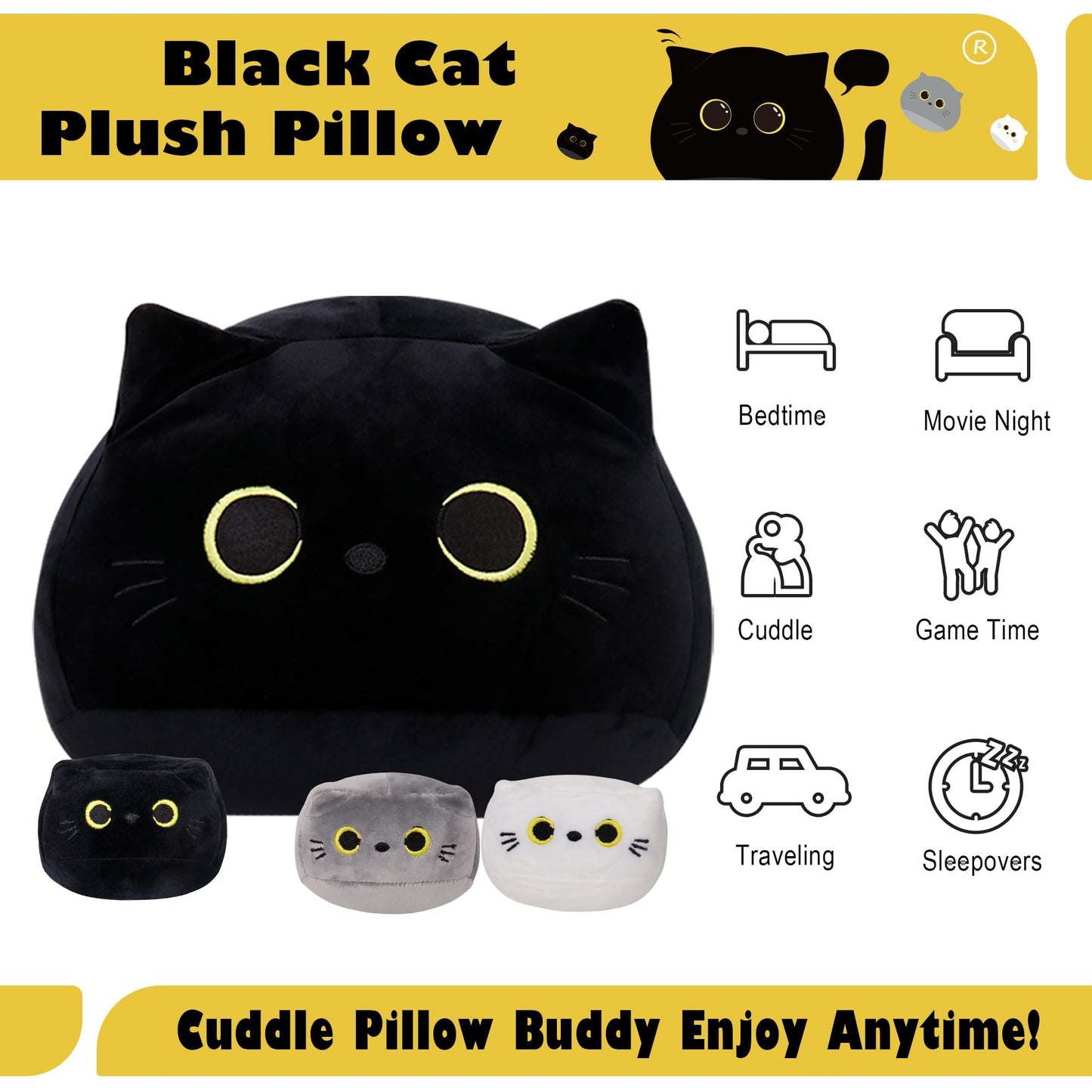 WeBingo Black Cat Plush Toy 4-Piece Set, 16'' Giant Cat Stuffed Animal Plushies Pillow with 3 Babies for Girl Boy Kid Adult, Large Big Soft Gift for Birthday Christmas Valentine's Day Home Decor