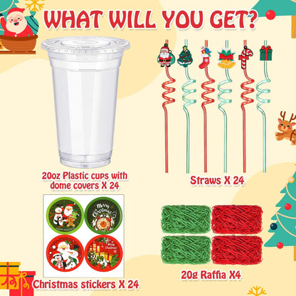 Vesici 124 Pcs Christmas Plastic Cups Bulk with Lids Straws Stickers Raffia Snowman Santa Claus Plastic Cups Xmas Disposable Clear Mugs Party Favor Holiday Birthday Wedding Party Supplies, 24 Sets