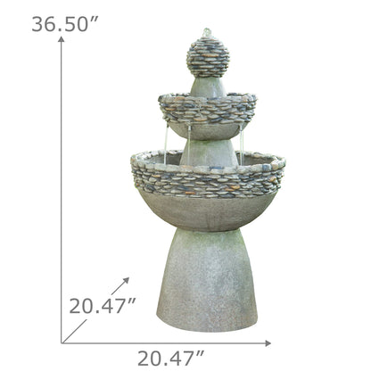 Teamson Home 36.5 in. Outdoor 3-Tier Zen-Style Pedestal Water Fountain in. with Stone Trim with Pump and 2.64 Gallon Capacity, Stone Gray