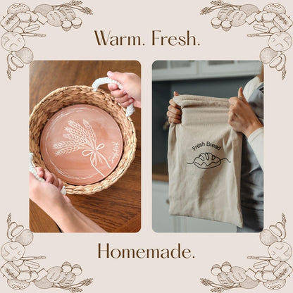 Simply H&K Bread Warmer Basket with Stone - Includes Reusable Bread Bag - 11" Round Basket with 10" Terracotta Stone - House Warming Gifts for Bakers - Instructions for use and cleaning