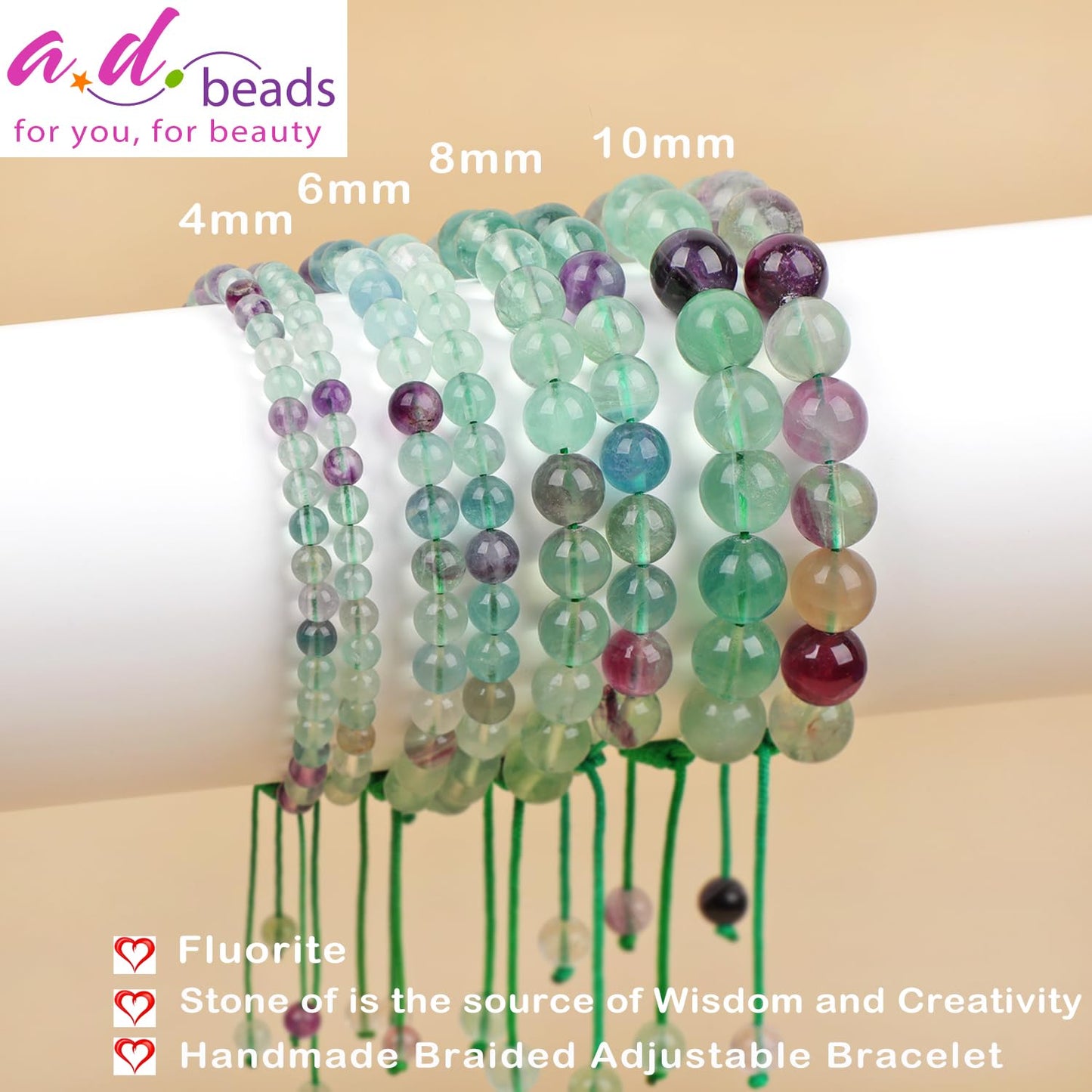 4mm Fluorite Bracelet - Stone of is the source of Wisdom and Creativity - Handmade Natural Stone Crystal Bracelet with Adjustable Macrame String - Yoga Healing Power Energy Gifts for Men and Women