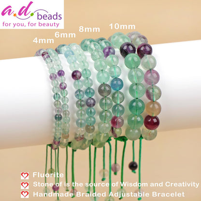 4mm Fluorite Bracelet - Stone of is the source of Wisdom and Creativity - Handmade Natural Stone Crystal Bracelet with Adjustable Macrame String - Yoga Healing Power Energy Gifts for Men and Women