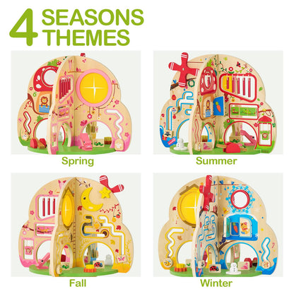 Monläurd® Montessori Wooden Tree Activity Center, Sensory Table & Busy Board for Toddlers 1-3, 4-Season Learning Activity Cube for Playroom & Daycare
