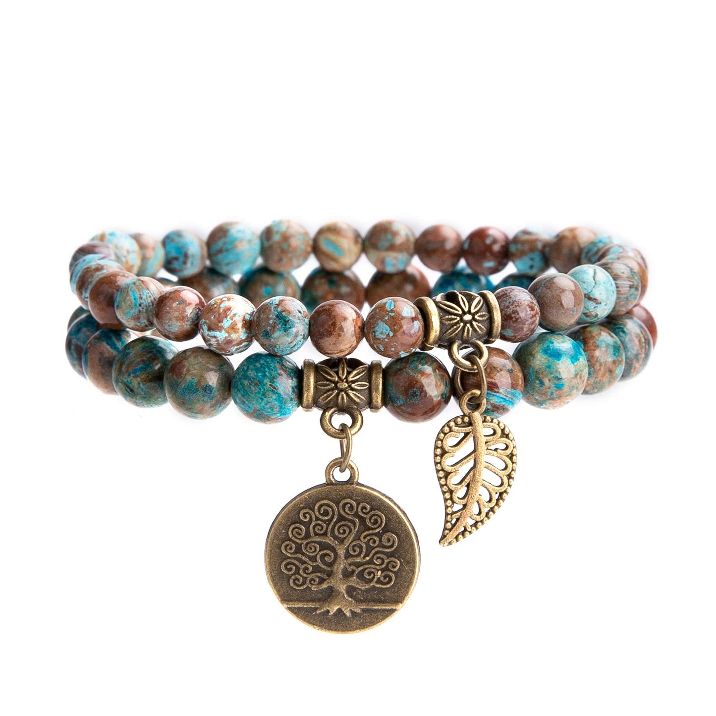 Bivei Natural Semi Precious Gemstone Beads Bracelet for Women - Life Tree and Leaf Charm Chakra Energy Anxiety Stretch Bracelets(Blue Lace Agate Beads)