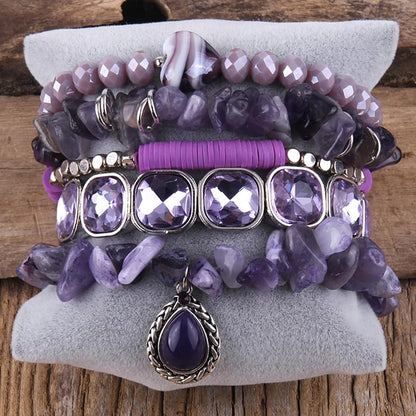 Yomisa Boho Beaded Bracelets for Women,Multilayer Wrap 5PCS Healing Natural Amethyst Stone Bead Bracelets Handmade Stackable Friendship Stretchy Beaded Bracelet Set Trendy Bohemian Jewelry Gift Women