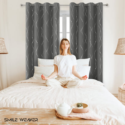SMILE WEAVER Grey Blackout Curtains for Living Room 63 Inch Long 2 Panels,Room Darkening Curtain-Star Print Design Noise Reducing Thermal Insulated Light Blocking Bedroom Window Drapes