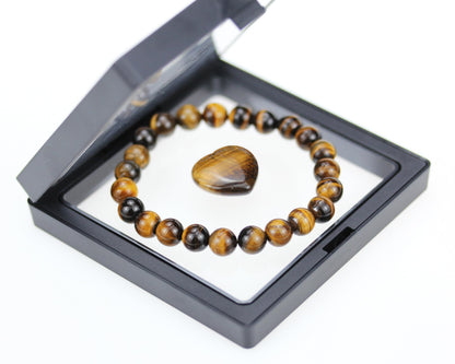 SAFEINA Tigers Eye Healing Crystal Stretch Bracelet for Women Men's Gifts, 8mm Stackable Beaded Bracelets with Heart Stones Set Stress Relief Yoga Reiki Gems