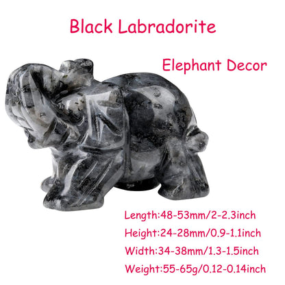 2" Black Labradorite Elephant Decor Cute Polished Natural Stone Hand Carved Pink Healing Crystal Sculpture Statue Figurines Gemstone Hippie Home Room Office Desk Decoration Gifts for Women Men
