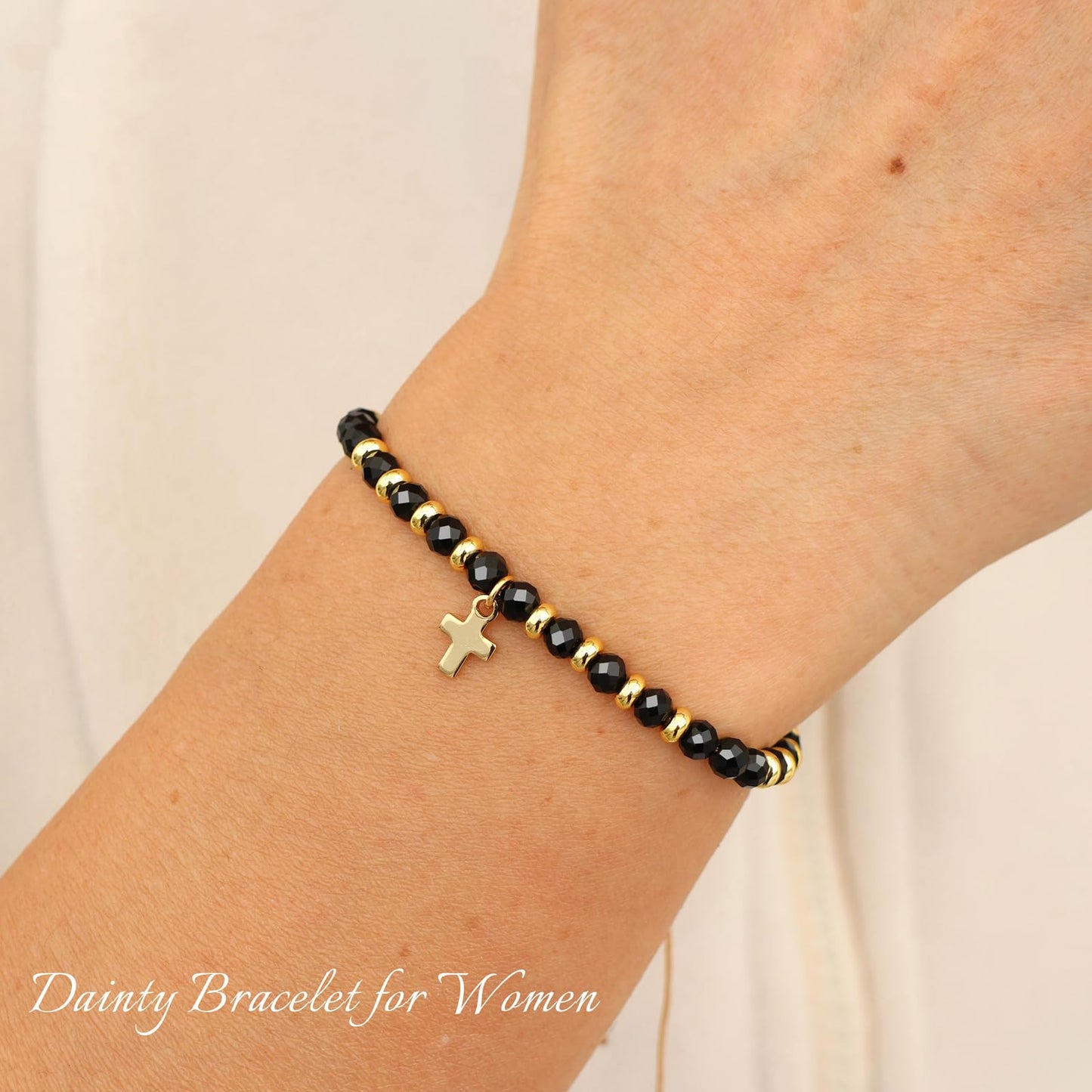 Raicegs Braided Black Tourmaline Cross Crystal Bracelet Natural Stone Beaded Bracelet for Women Faith Jewelry Healing Bracelet Christian Gifts for Women Religious Gifts