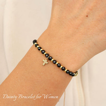 Raicegs Braided Black Tourmaline Cross Crystal Bracelet Natural Stone Beaded Bracelet for Women Faith Jewelry Healing Bracelet Christian Gifts for Women Religious Gifts