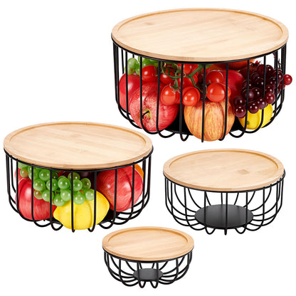 INTERWARM 4Pcs Fruit Basket for Kitchen Counter Set, 4 Size Round Fruit Basket with Wooden Lid Countertop Bin for Produce Fruits Lemon Banana Candy Snack in Office(Black)