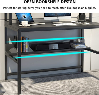 Aquzee Computer Desk with Hutch and Bookshelves, Large Leg Room 47 inch Width Black Desk with Space Saving Storage Shelves for Home Office,Study, Work, Easy Assemble