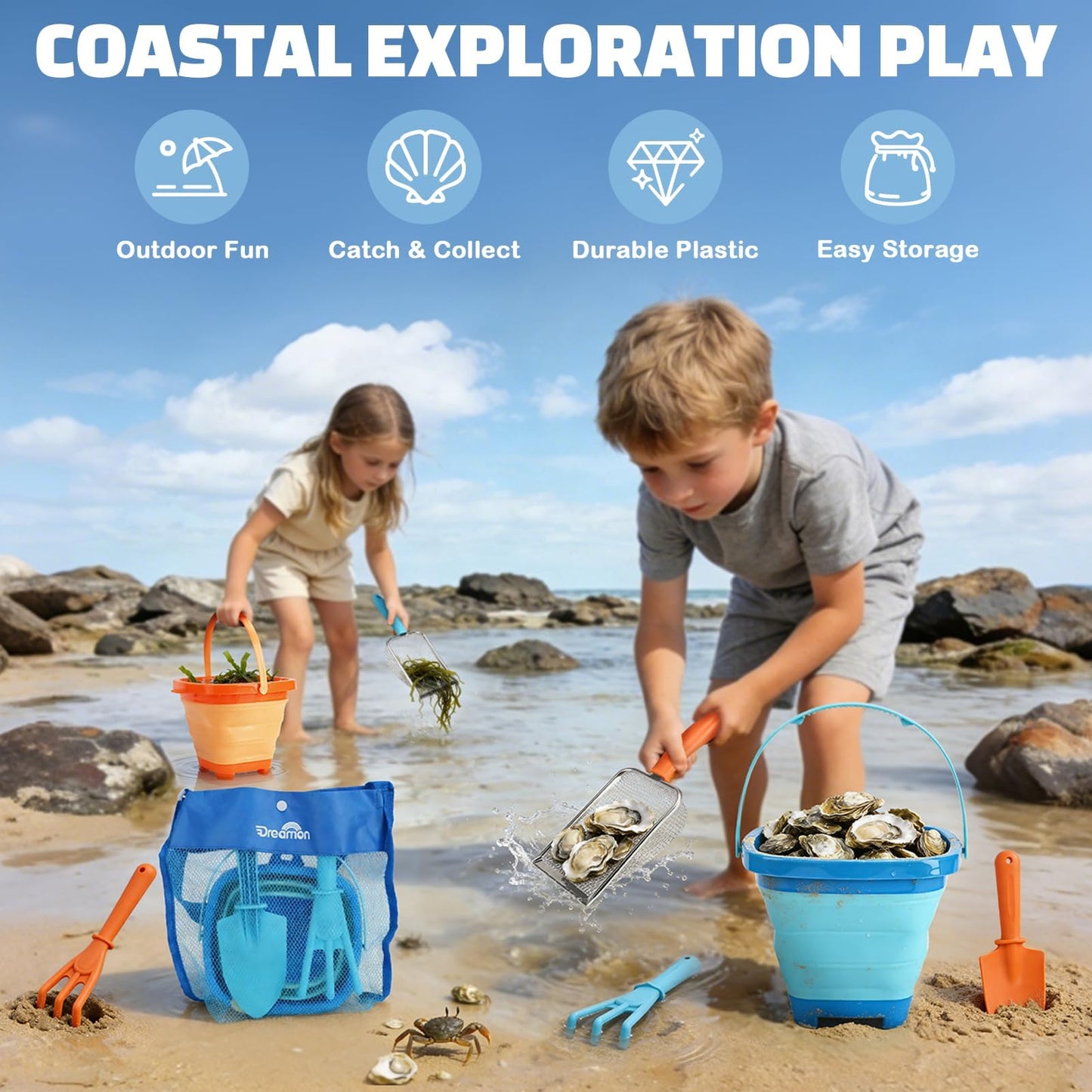 Dreamon Beach Toys, 2 Packs Travel Sand Toys for Kids Ages 4-8 | 10 PCS Sandcastle Building Kit with Collapsible Bucket, Mesh Bag, Sand Sifter, Shovel & Rake, Beach Essentials for Kids