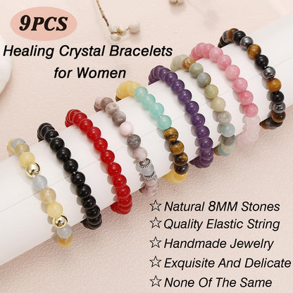 BOMAIL 9 PCS Healing Crystal Bracelets for Women 8 MM Natural Stone Beaded Bracelet Protection Anxiety Spiritual Stretch Bracelet for Women Men