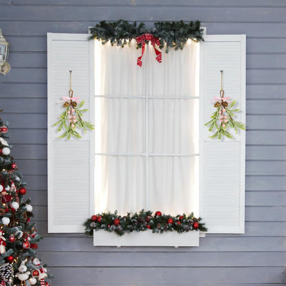 Christmas Mistletoe Decorations Frosted Artificial Mistletoe Ornaments with Bows Berries Pine Cones Snowy Fake Hanging Kissing Plant Stems for Xmas Tree Picks Doorway Holiday Decor (2, Pink)