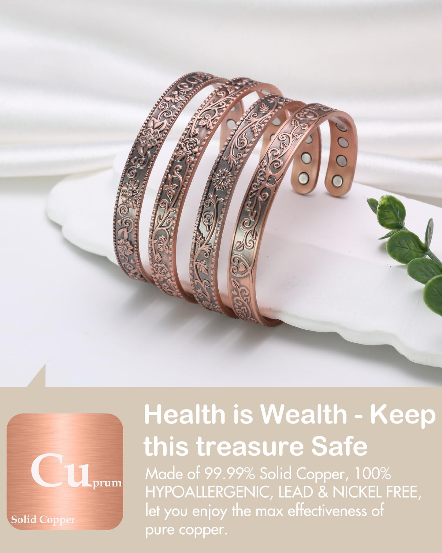 Feraco Copper Bracelets for Women Enhanced Strength Magnetic Bracelets for Women with 3800 Gauss Magnets, Pure Copper Jewelry Adjustable Cuff Bangle with Giftable Box (Original Design)