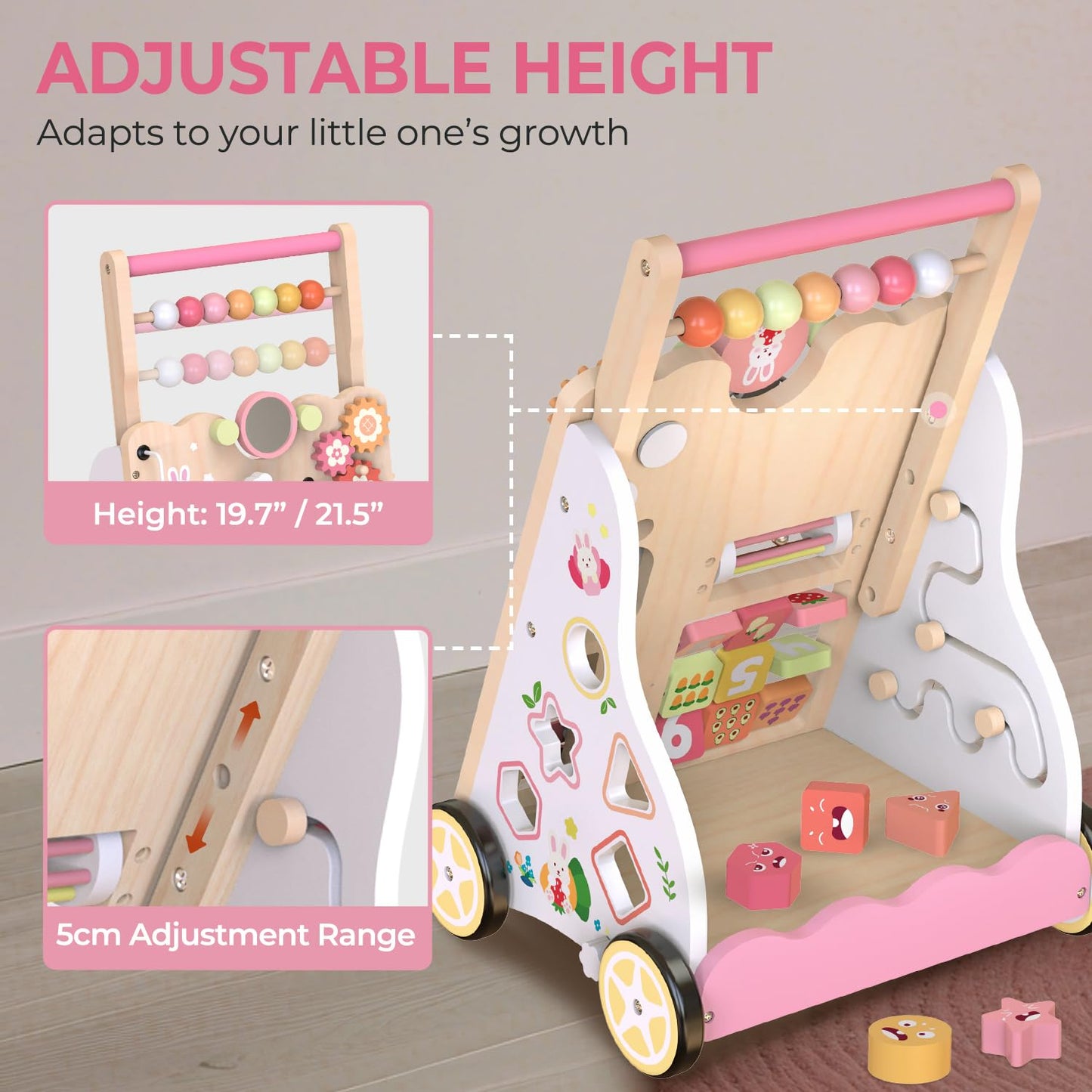 Baby Push Walker, Wooden Baby Walker with Wheels, Montessori Activity Center for 1 2 3 Years Old Boys Girls, Adjustable Speed & Height Push Toy for Toddler Learning to Walk, Kids Development Gift