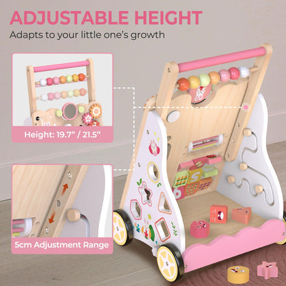Baby Push Walker, Wooden Baby Walker with Wheels, Montessori Activity Center for 1 2 3 Years Old Boys Girls, Adjustable Speed & Height Push Toy for Toddler Learning to Walk, Kids Development Gift