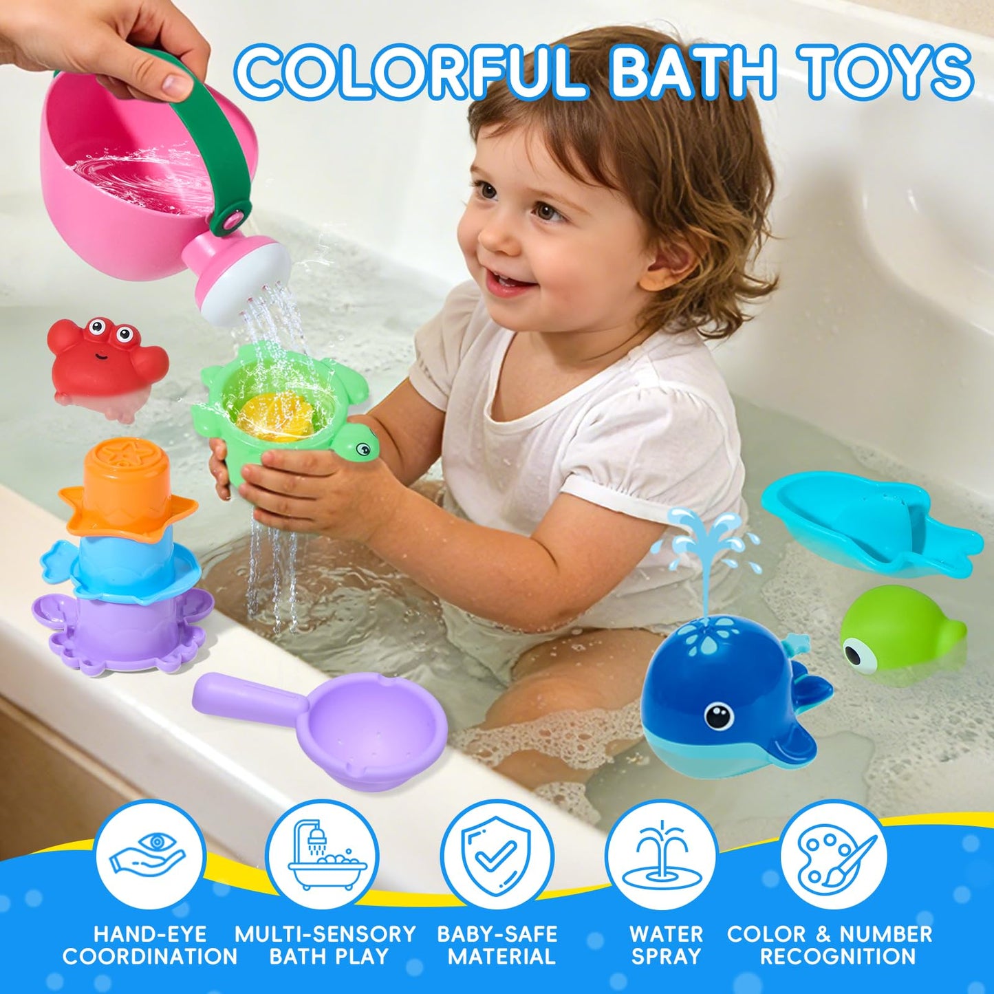 Baby Bath Toys for Kids Ages 1-3, 17PCS Mold-Free Toddler Bath Toys, Colorful Bath Boats & Stacking Cups &Whale Bath Toy, No Hole Floating Tub Toy and Storage Bag, Baby Pool Water Table Toys