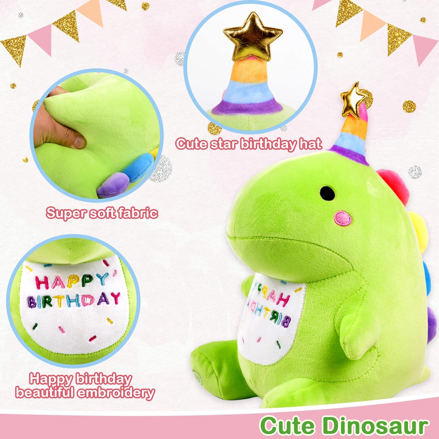 Birthday Dinosaur Plush Stuffed Animal - 12" Green Plush Toy with Light & Happy Birthday Music, Weighted Dino Plushie, Cute Kawaii Soft Pillow Gifts Stuffies for Boys Girls Babies Kids Decorations