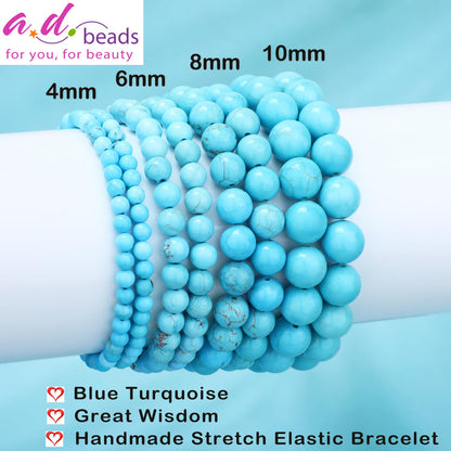 AD Beads 8mm Handmade Blue Turquoise Elastic Bracelet – Natural Gemstone for Great Wisdom – Meditation, Yoga, Healing and Energy Gift for Men Women