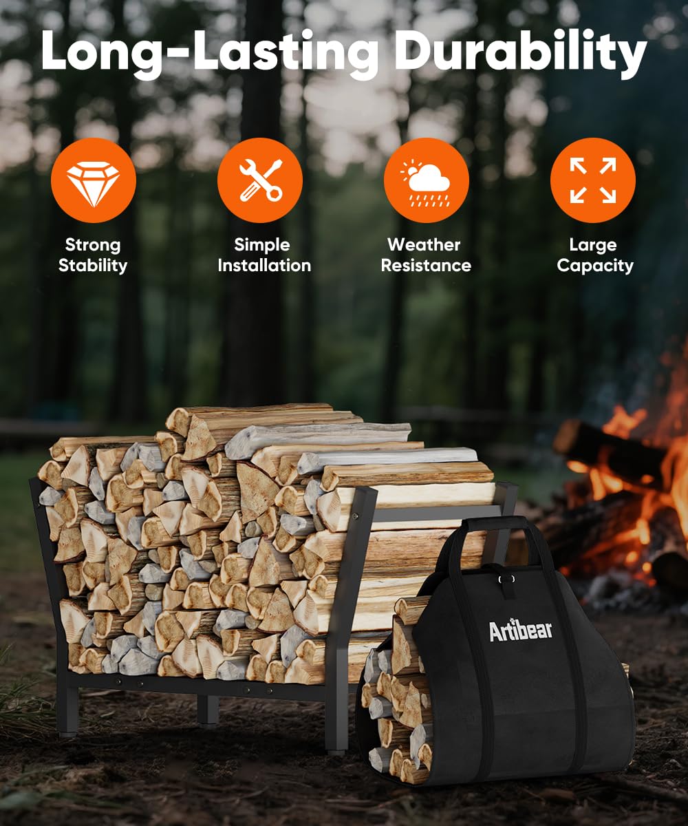 Artibear 28 Inch Firewood Rack with 900D Canvas Log Carrier Bag, Outdoor Indoor Log Holder for Fireplace, Heavy Duty Fire Wood Log Stand, Wood Pile Stacker Storage Organizer Tool for Patio Deck, Black