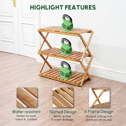 BEEFURNI Acacia Plant Stand Indoor, Wooden Outdoor Plant Stand, Foldable Plant Stand, 3 Tier Conner Space Flower Stand, Plant Ladder Stand (Natural)
