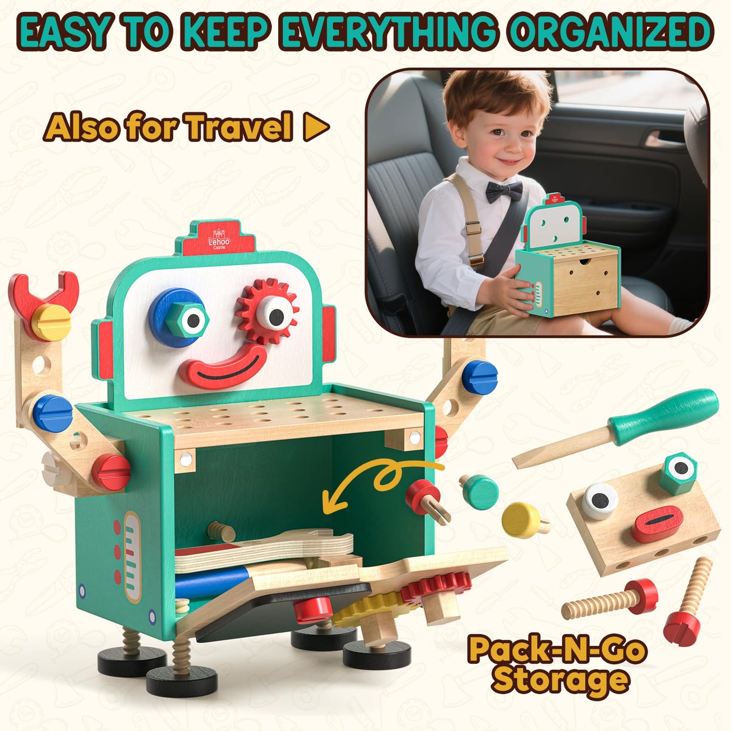 Lehoo Castle Kids Tool Set, Wooden Mini Toddler Tool Bench with Blackboard, Robot Construction Toys with Hammer Wrench Screwdriver, STEM Learning Toys for Age 3-5, Birthday Gift for Boys & Girls
