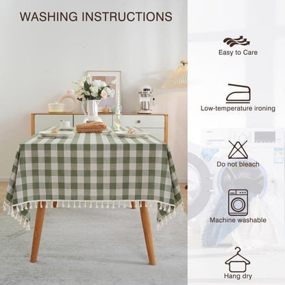 JIALE Spring Gingham Tablecloth Rectangle Cotton Linen Fabric Checkered Table Cloth with Tassel Washable Wrinkle Free Buffalo Plaid Table Cover for Outdoor Party Picnic Kitchen Dining, Green, 55x75