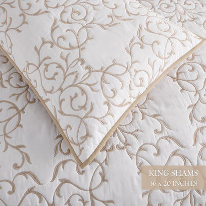 Querencia Cotton Quilt King Size - Embroidered Beige Quilt Tan Cotton Coverlet, French Country Toile Bedding, Farmhouse Bed Spread Set Neutral (Beige and White, King/Cal King, 3 Pieces)