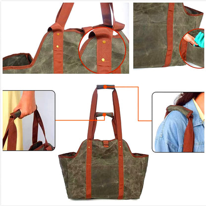 Green Leather Indoor Fireplace Log Holder - Wood Carrier for Firewood Rack & Tote
