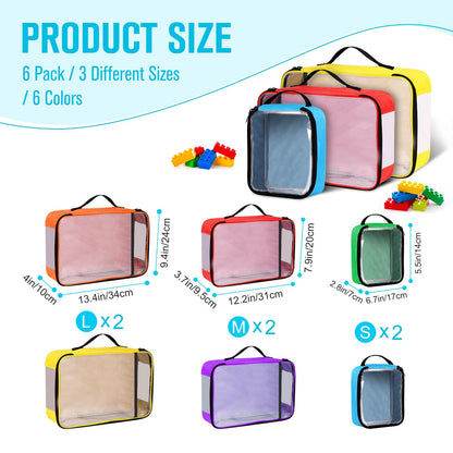6 Pack Toy Storage Bags, Reusable Board Game Storage Bag with Visible Top, Label Slot, Manual Pocket&Handle, Travel Organizer Case for Bricks, Building Blocks, Puzzle, Car Toys, 3 Different Size